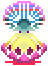 A pixelart icon of a colorful humanoid statue.